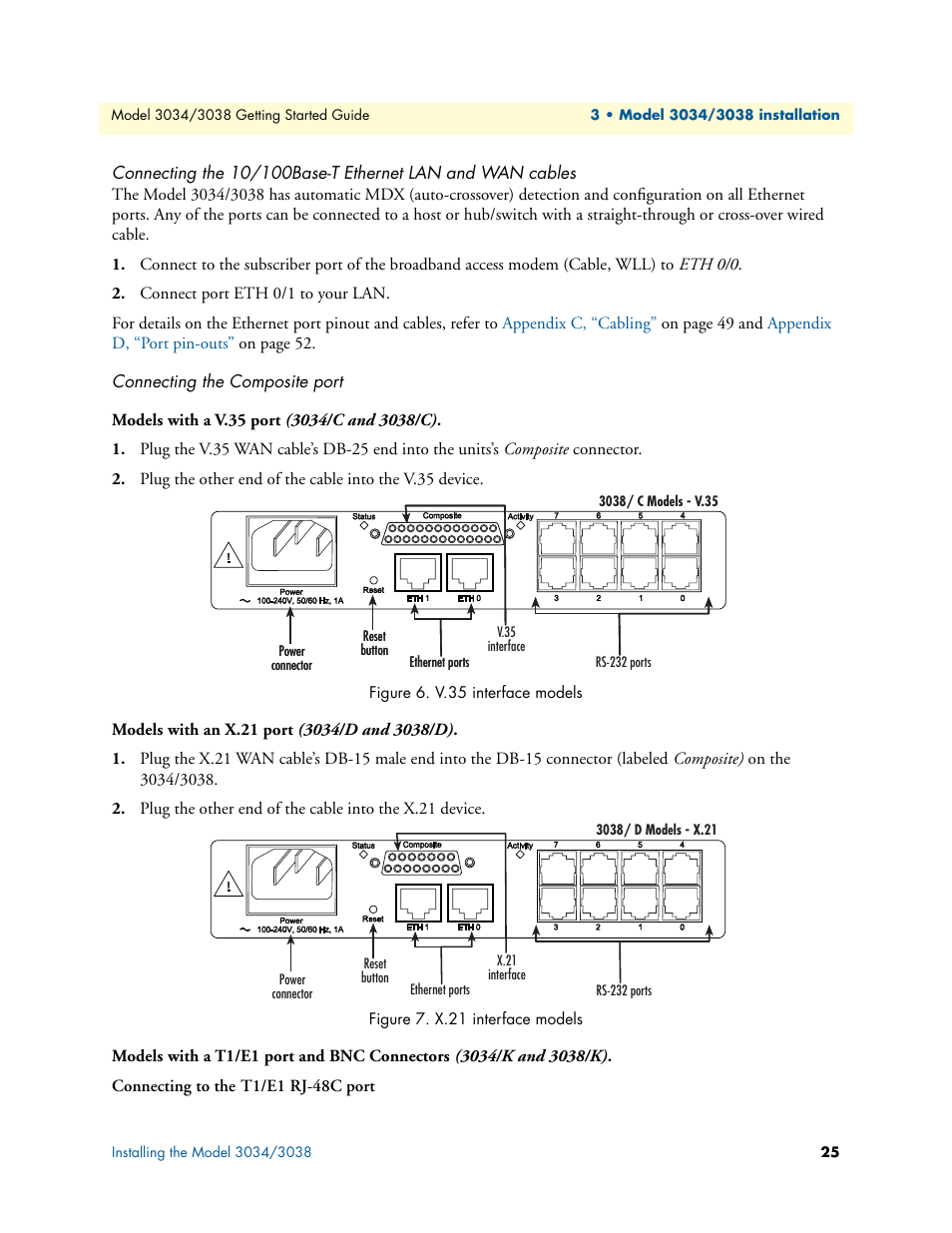 Connecting the composite port, Models with a v.35 port (3034/c and 3038/c), Models with an x.21 port (3034/d and 3038/d) | V.35 interface models, X.21 interface models, N (see section, Connecting the 10/100base-t, Ethernet lan and wan cables, T (see | Patton electronic Multiport Asynchronous Statistical Multiplexer 3034/3038 User Manual | Page 25 / 58