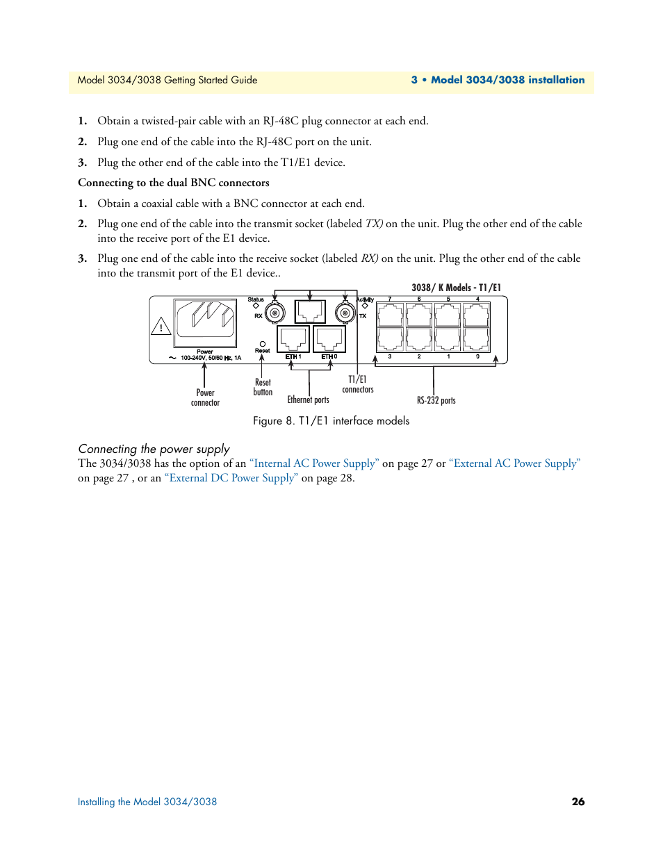 Connecting the power supply, T1/e1 interface models | Patton electronic Multiport Asynchronous Statistical Multiplexer 3034/3038 User Manual | Page 26 / 58