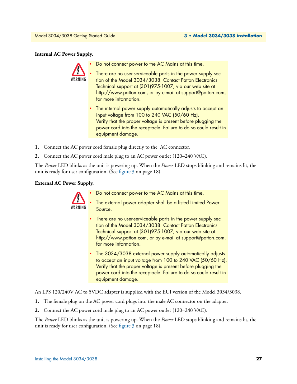Internal ac power supply, External ac power supply | Patton electronic Multiport Asynchronous Statistical Multiplexer 3034/3038 User Manual | Page 27 / 58