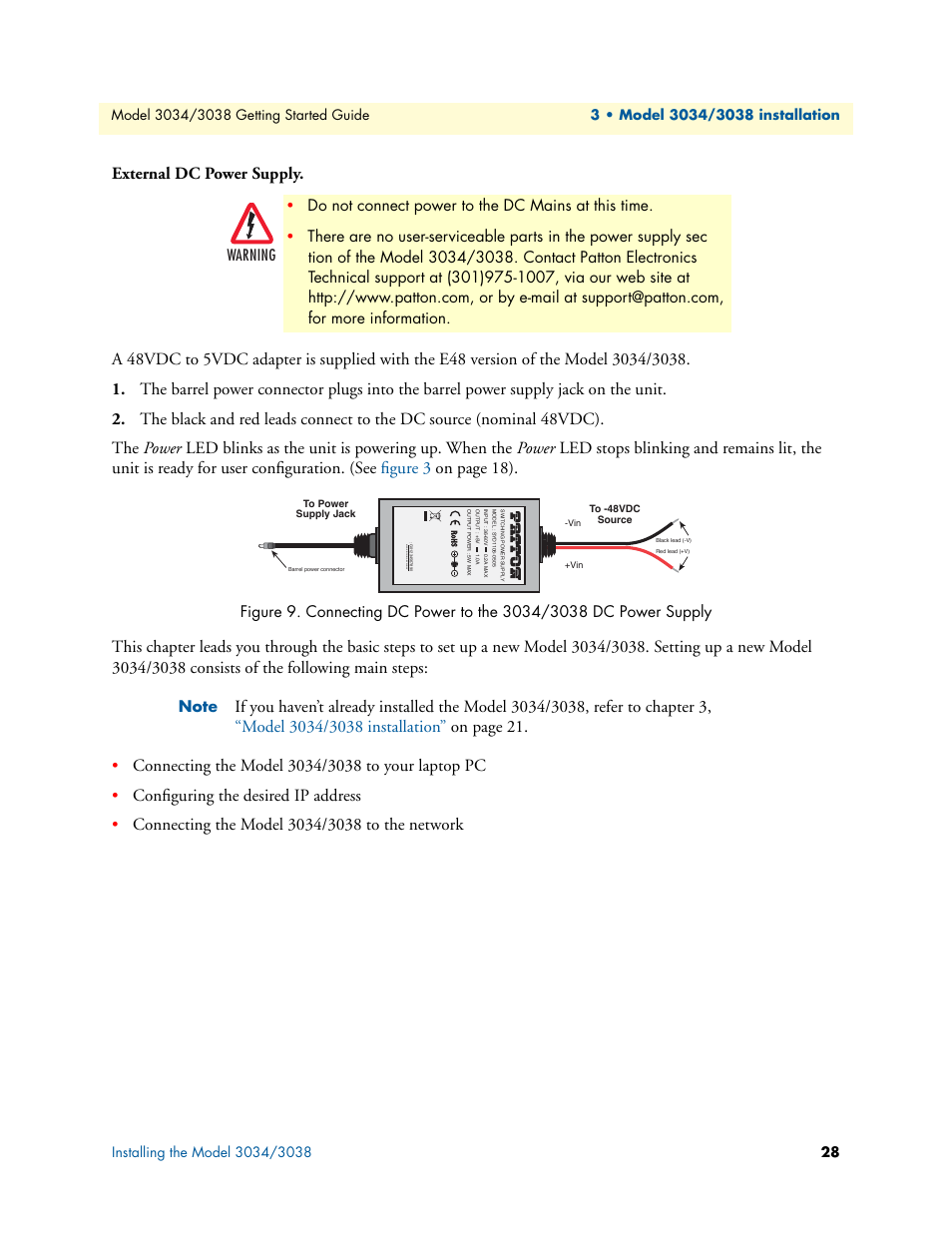 External dc power supply | Patton electronic Multiport Asynchronous Statistical Multiplexer 3034/3038 User Manual | Page 28 / 58