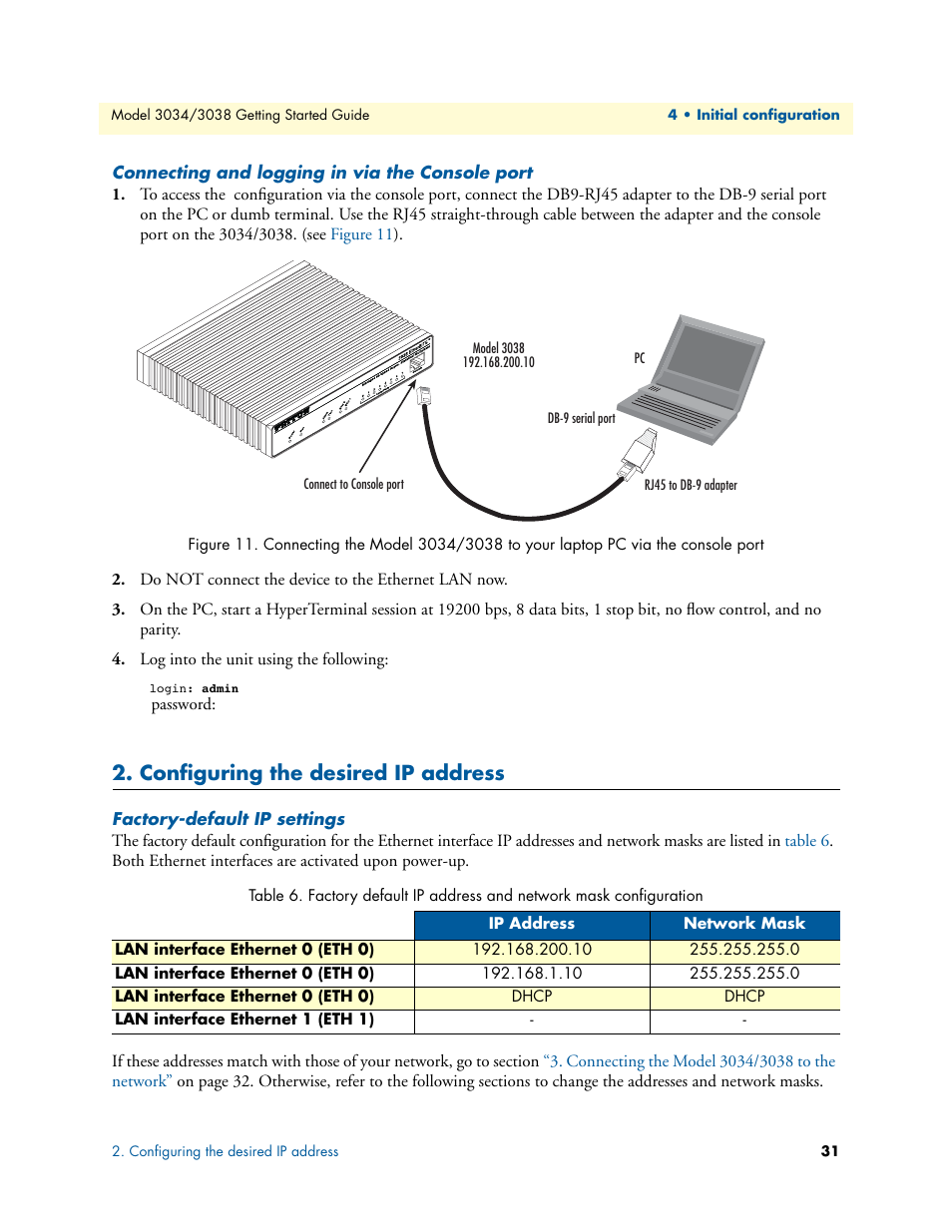 Connecting and logging in via the console port, Configuring the desired ip address, Factory-default ip settings | Patton electronic Multiport Asynchronous Statistical Multiplexer 3034/3038 User Manual | Page 31 / 58