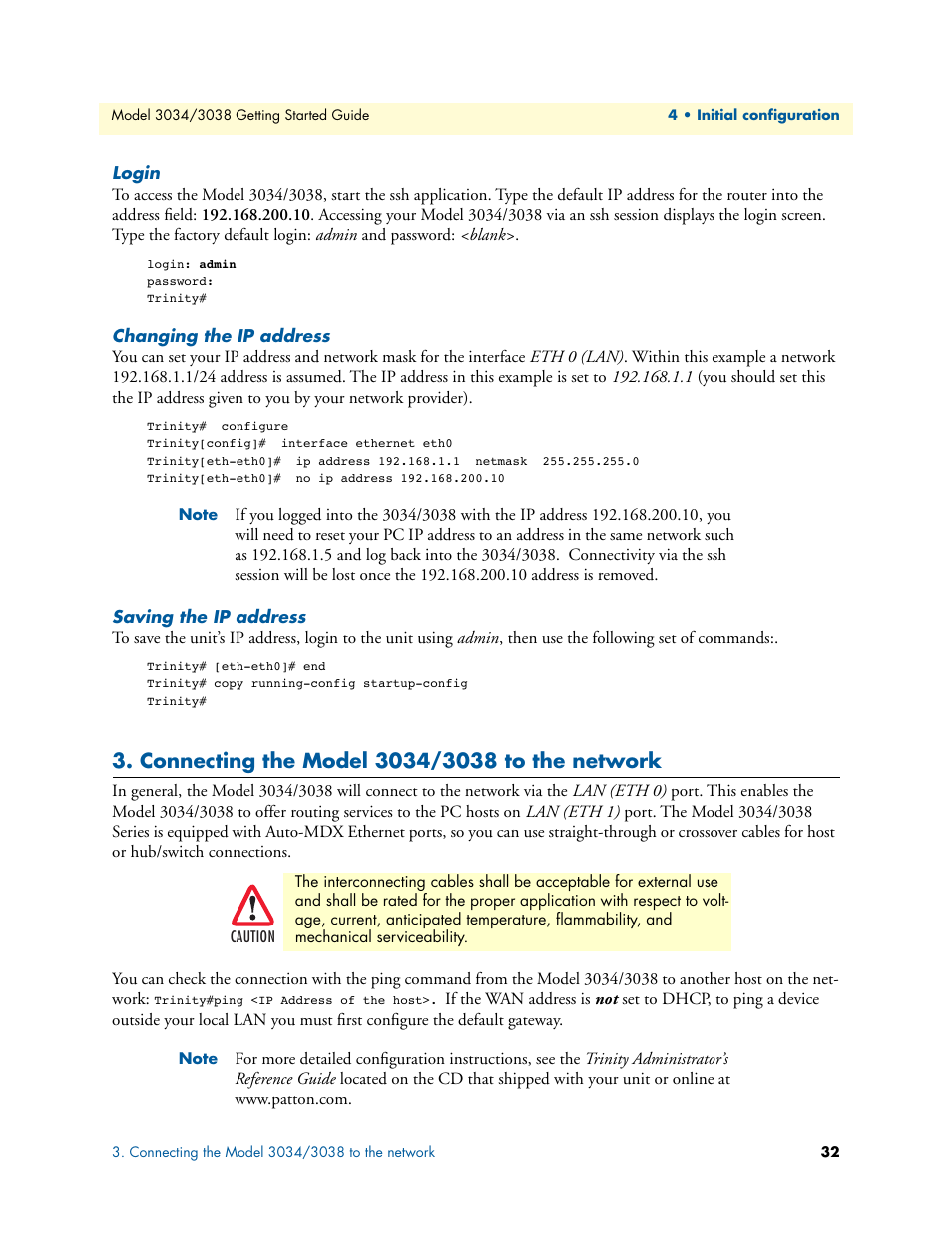 Login, Changing the ip address, Saving the ip address | Connecting the model 3034/3038 to the network, Connecting the model 3034/3038 to the, Network | Patton electronic Multiport Asynchronous Statistical Multiplexer 3034/3038 User Manual | Page 32 / 58
