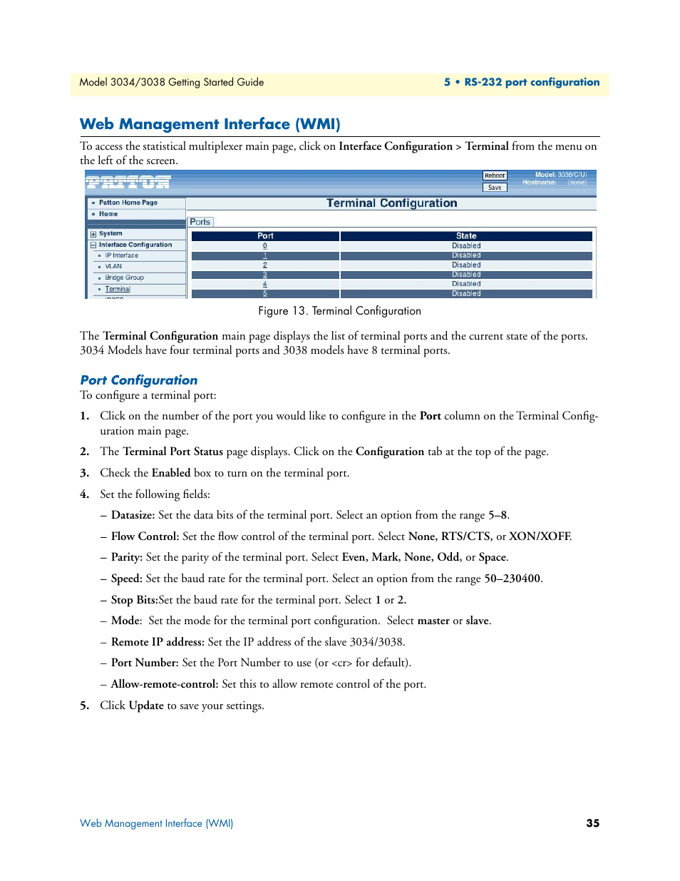 Web management interface (wmi), Port configuration, Terminal configuration | Patton electronic Multiport Asynchronous Statistical Multiplexer 3034/3038 User Manual | Page 35 / 58