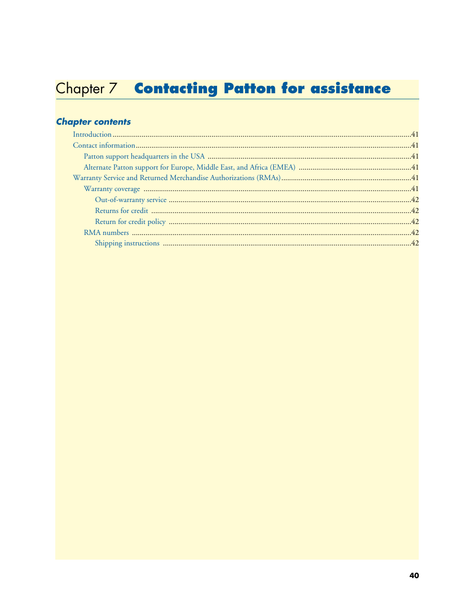 Chapter 7 contacting patton for assistance, Contacting patton for assistance, Chapter 7 | Patton electronic Multiport Asynchronous Statistical Multiplexer 3034/3038 User Manual | Page 40 / 58