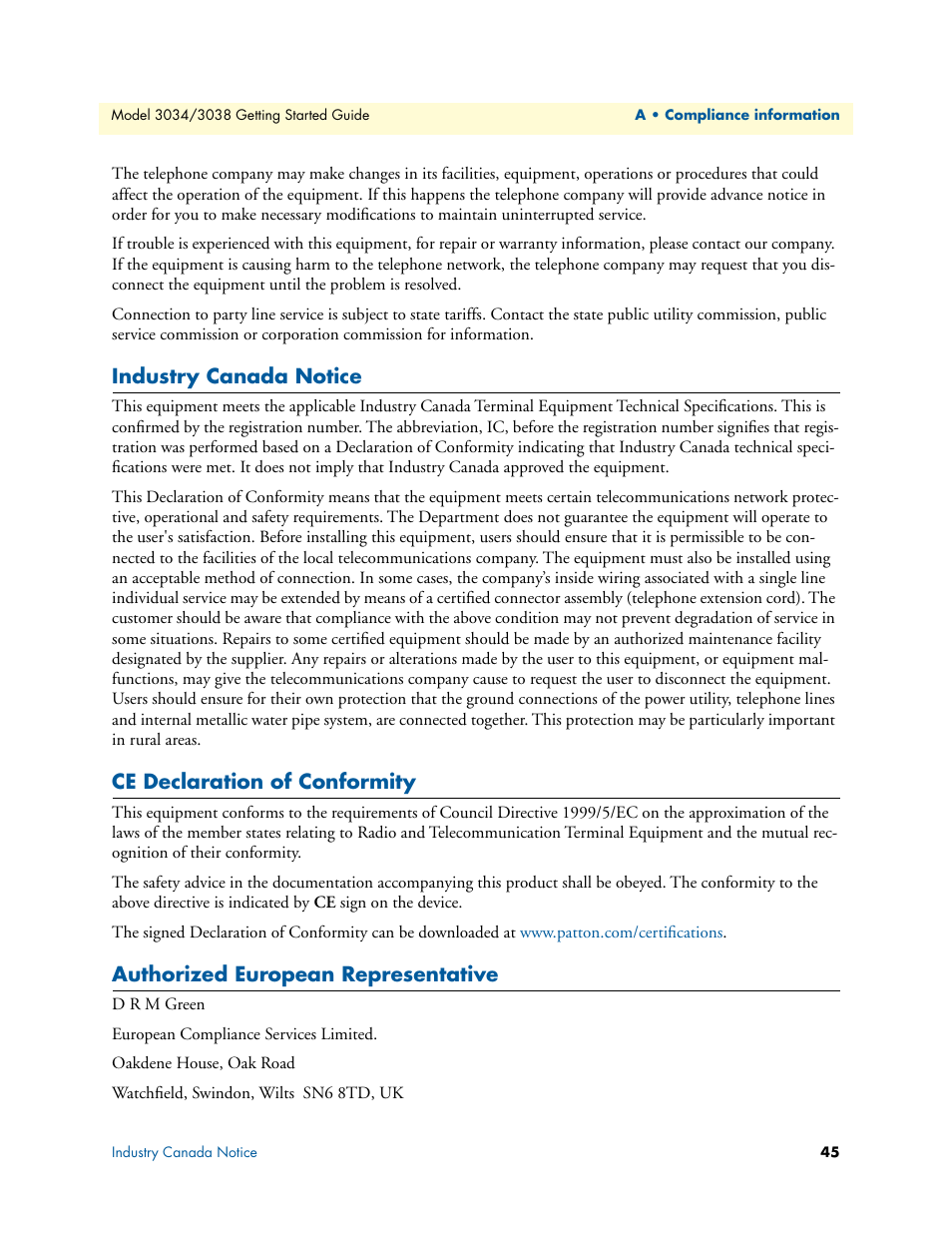 Industry canada notice, Ce declaration of conformity, Authorized european representative | Patton electronic Multiport Asynchronous Statistical Multiplexer 3034/3038 User Manual | Page 45 / 58