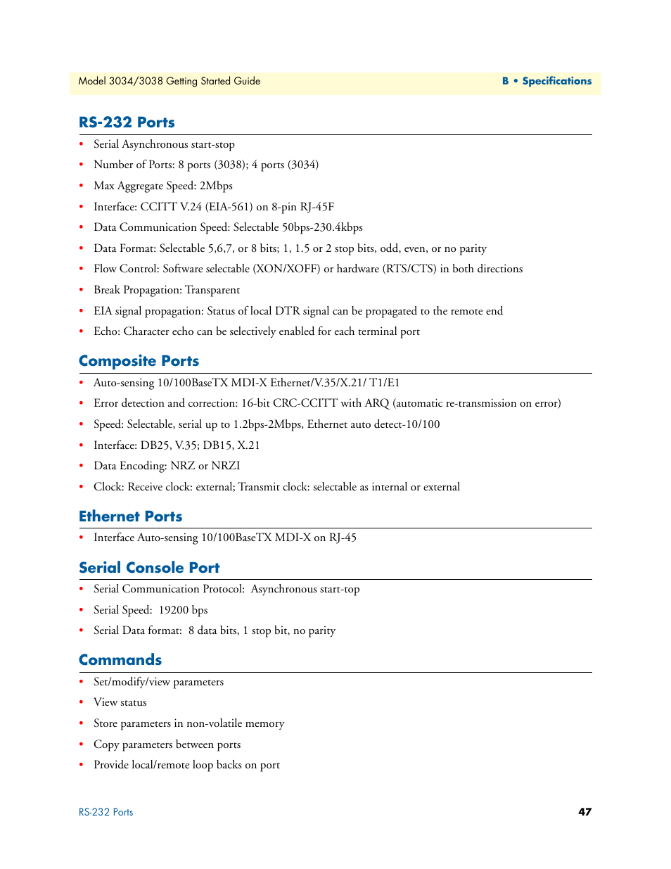 Rs-232 ports, Composite ports, Ethernet ports | Serial console port, Commands | Patton electronic Multiport Asynchronous Statistical Multiplexer 3034/3038 User Manual | Page 47 / 58