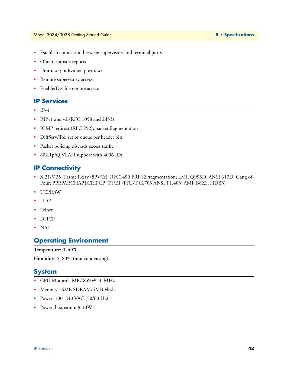 Ip services, Ip connectivity, Operating environment | System | Patton electronic Multiport Asynchronous Statistical Multiplexer 3034/3038 User Manual | Page 48 / 58