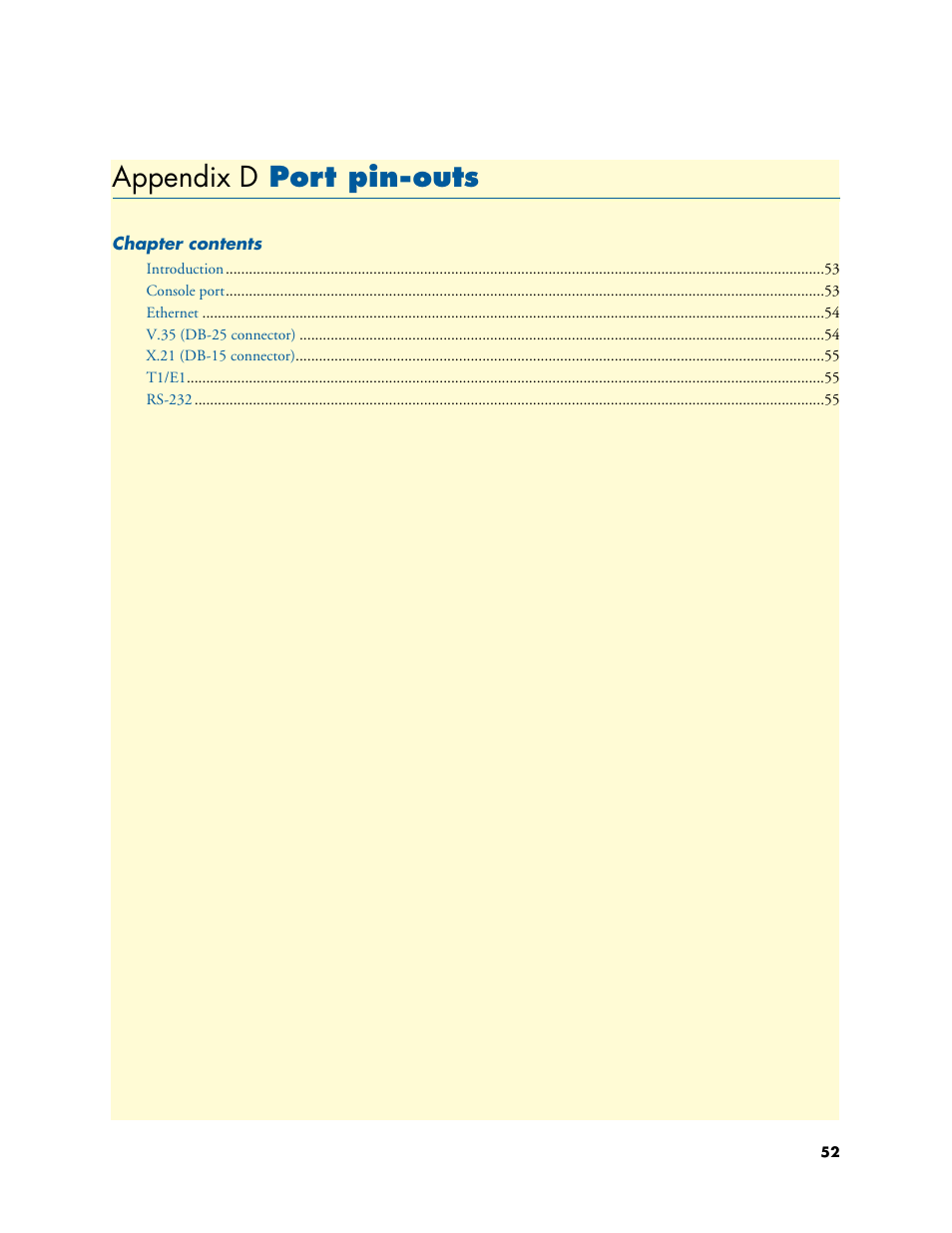 Appendix d port pin-outs, Port pin-outs, Appendix d | Appendix, D, “port pin-outs | Patton electronic Multiport Asynchronous Statistical Multiplexer 3034/3038 User Manual | Page 52 / 58