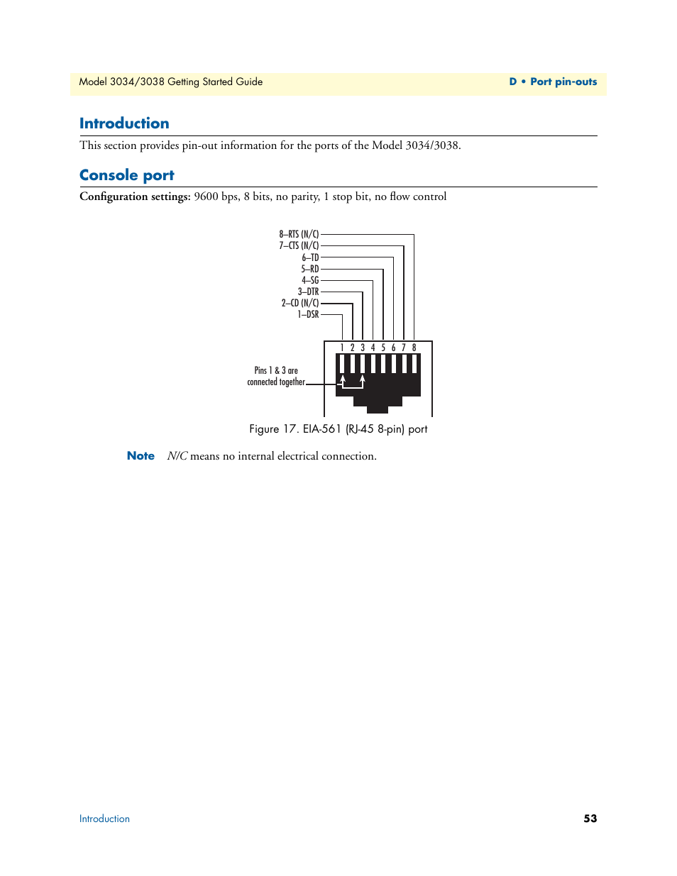 Introduction, Console port, Eia-561 (rj-45 8-pin) port | Patton electronic Multiport Asynchronous Statistical Multiplexer 3034/3038 User Manual | Page 53 / 58