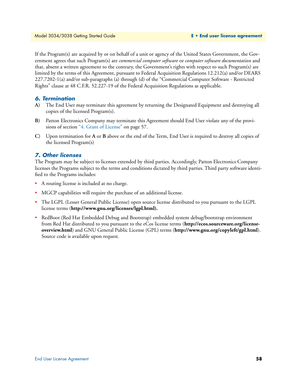 Termination, Other licenses | Patton electronic Multiport Asynchronous Statistical Multiplexer 3034/3038 User Manual | Page 58 / 58