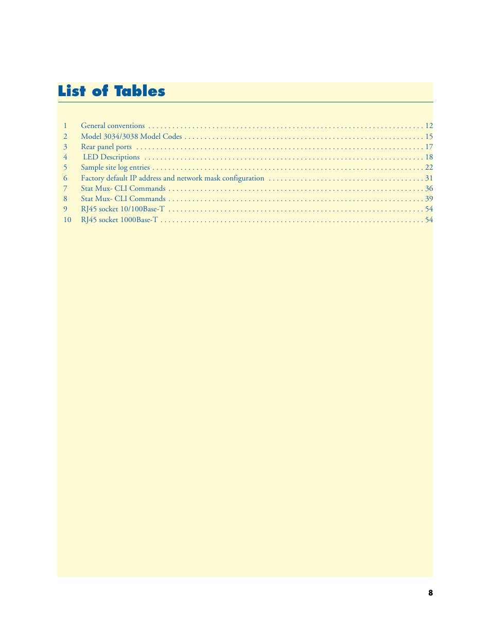 List of tables, List of t ables | Patton electronic Multiport Asynchronous Statistical Multiplexer 3034/3038 User Manual | Page 8 / 58