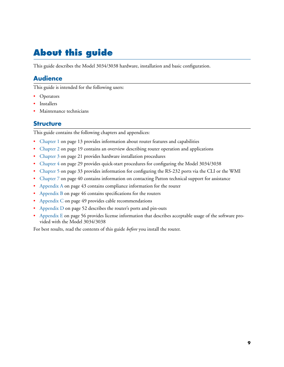 About this guide, Audience, Structure | List of figures | Patton electronic Multiport Asynchronous Statistical Multiplexer 3034/3038 User Manual | Page 9 / 58