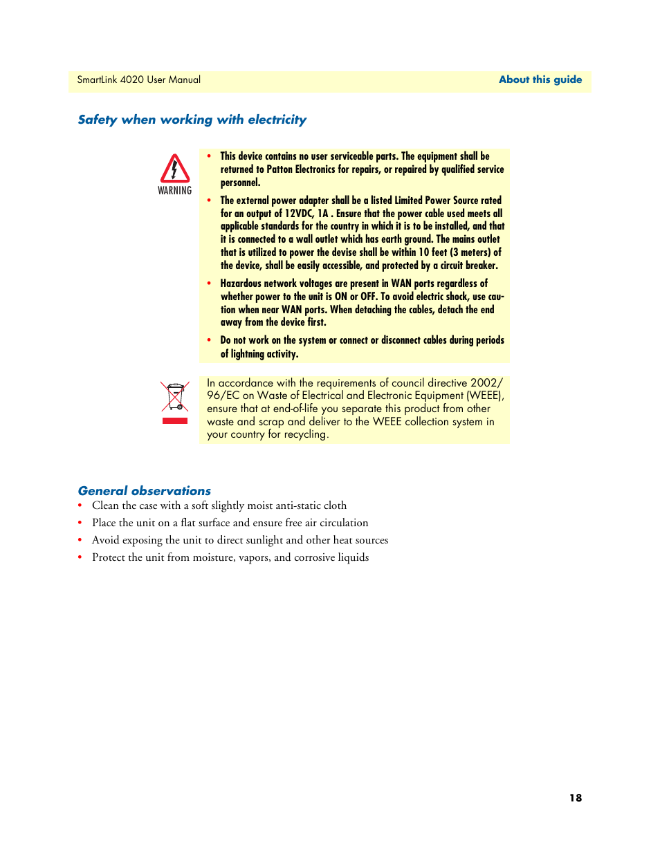 Safety when working with electricity, General observations | Patton electronic SL4020 User Manual | Page 18 / 97