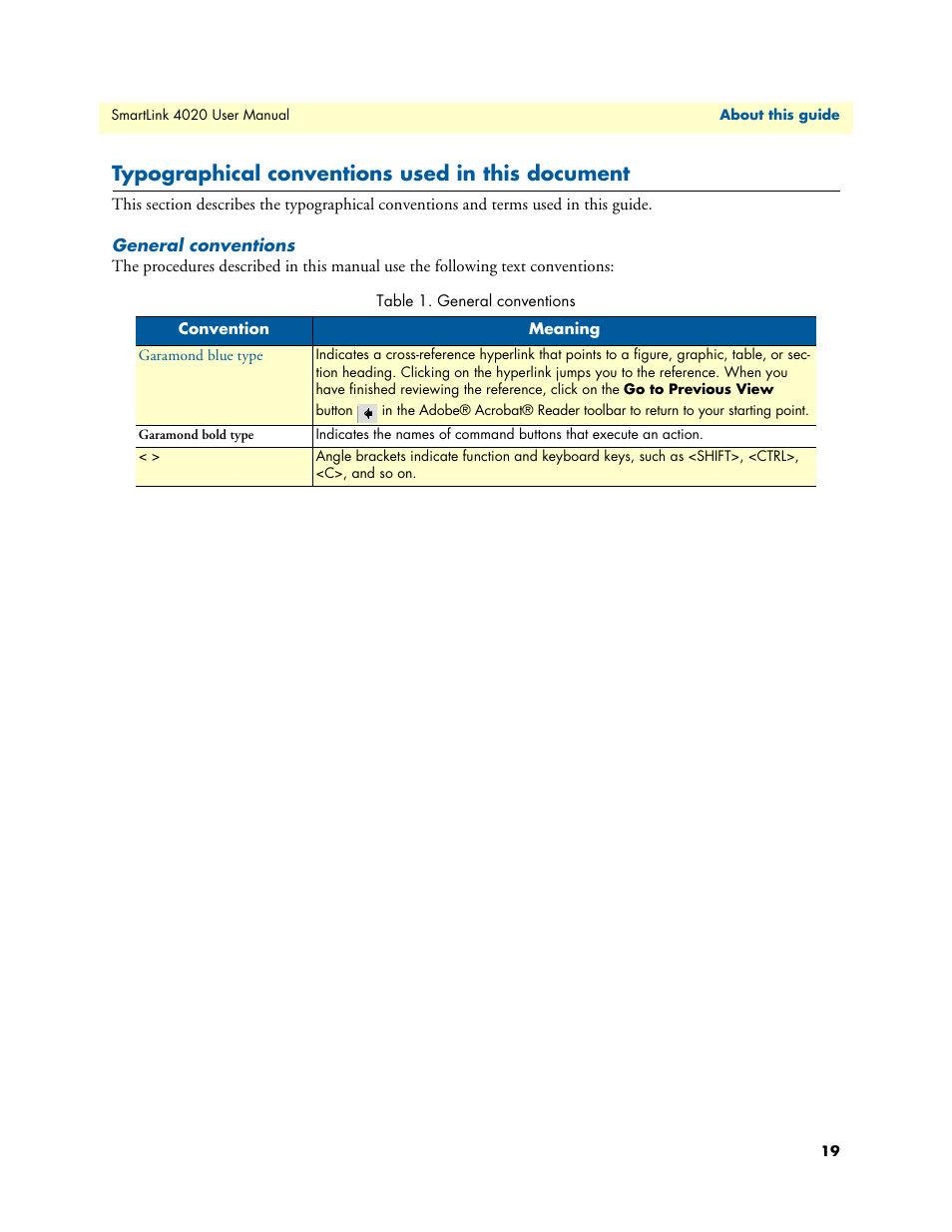 Typographical conventions used in this document, General conventions | Patton electronic SL4020 User Manual | Page 19 / 97