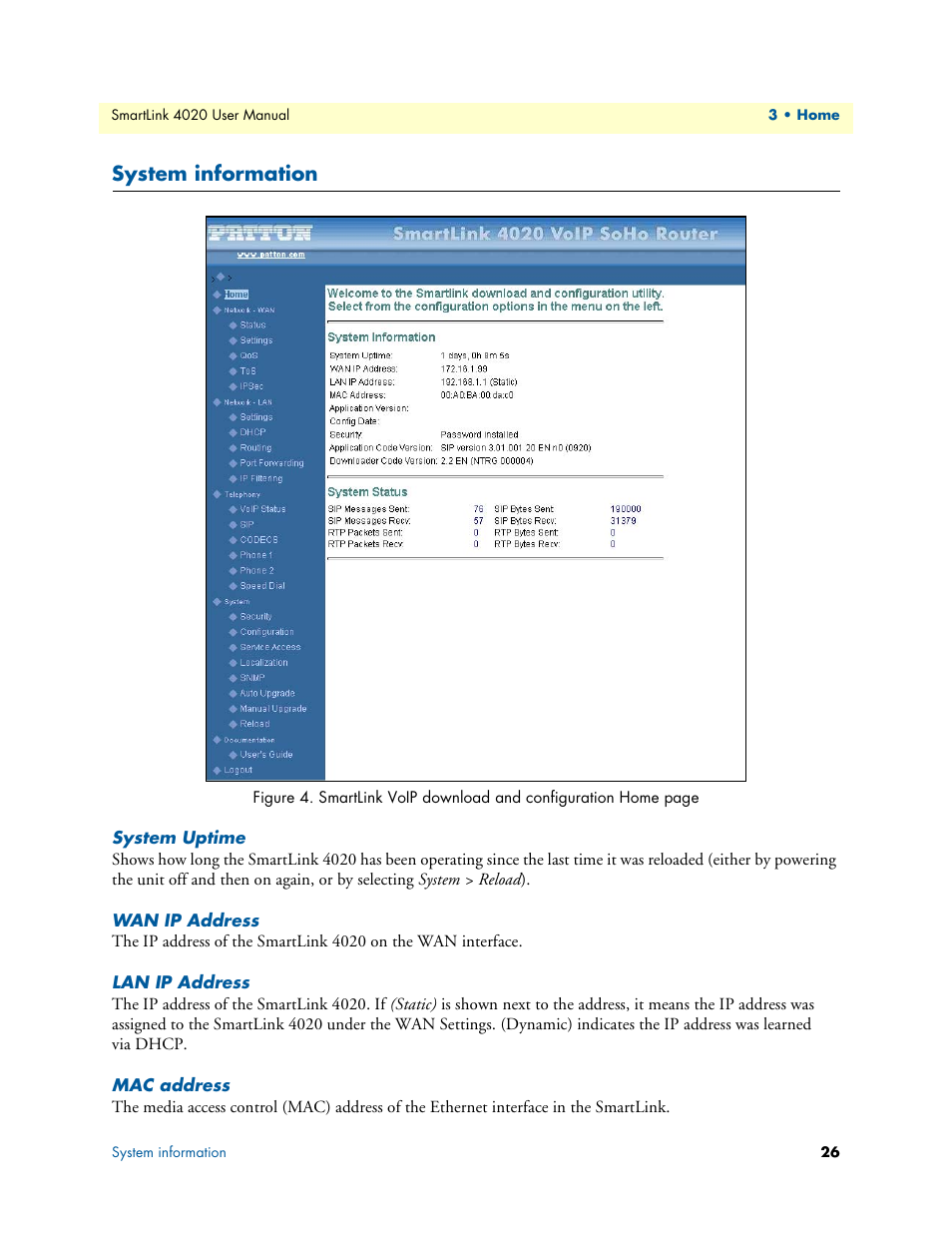 System information, System uptime, Wan ip address | Lan ip address, Mac address | Patton electronic SL4020 User Manual | Page 26 / 97