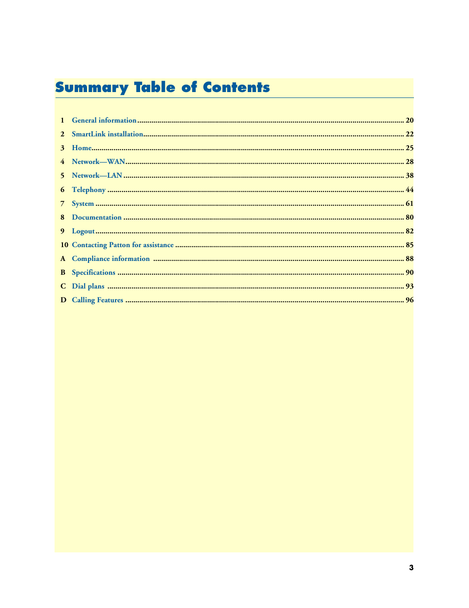 Summary table of contents, Summar y table of contents | Patton electronic SL4020 User Manual | Page 3 / 97