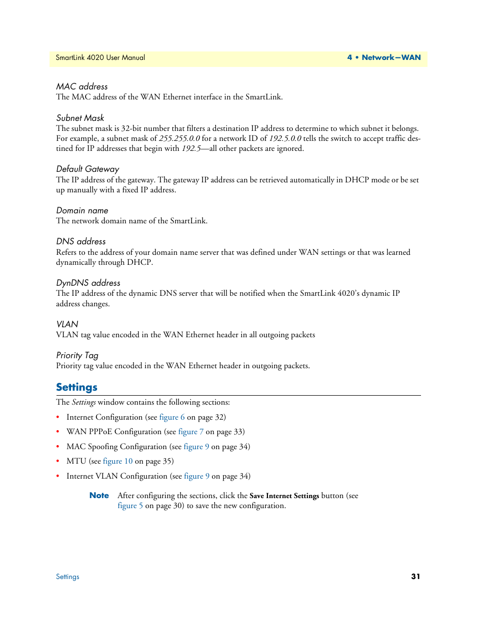 Mac address, Subnet mask, Default gateway | Domain name, Dns address, Dyndns address, Vlan, Priority tag, Settings | Patton electronic SL4020 User Manual | Page 31 / 97