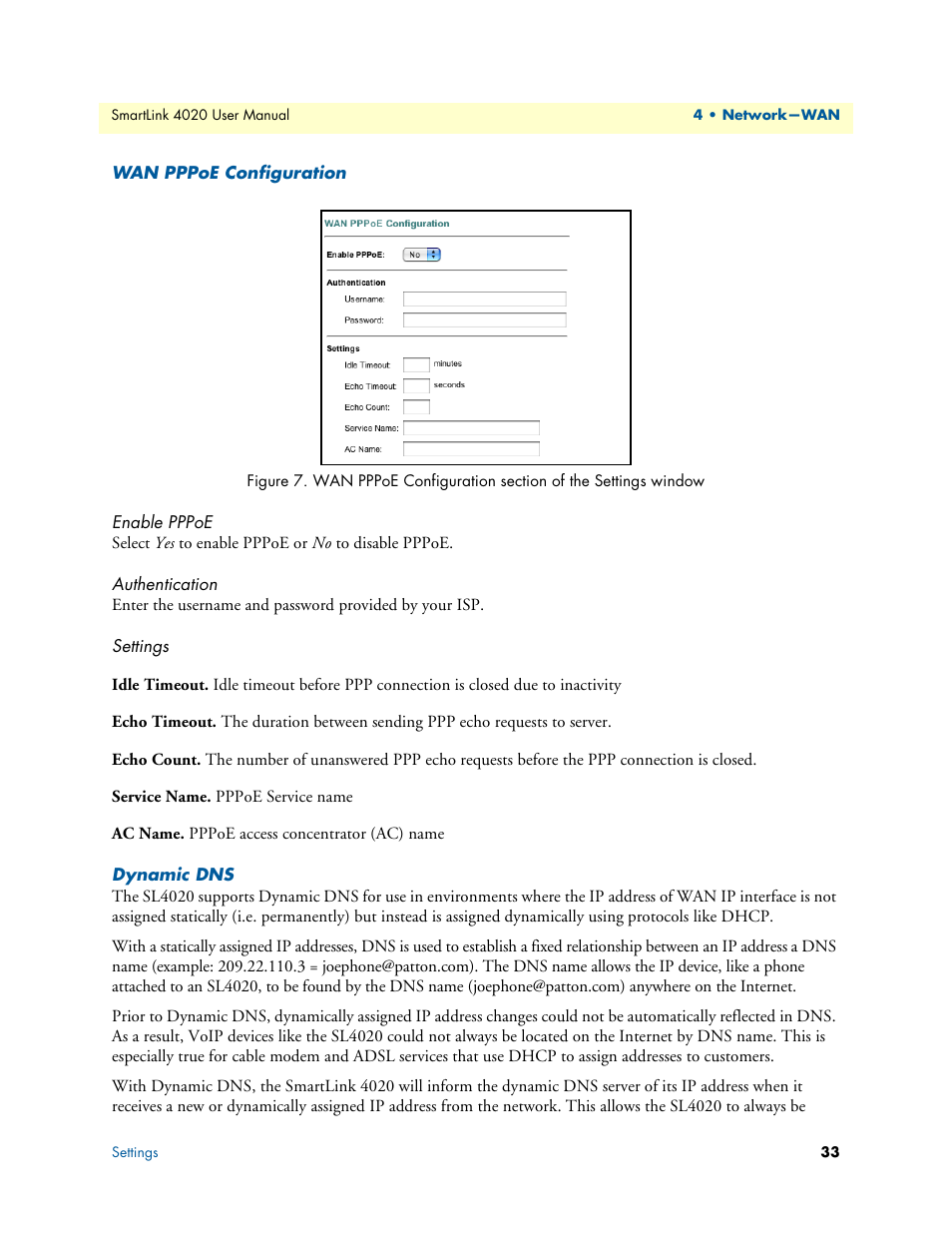 Wan pppoe configuration, Enable pppoe, Authentication | Settings, Dynamic dns, Idle timeout, Echo timeout, Echo count, Service name, Ac name | Patton electronic SL4020 User Manual | Page 33 / 97