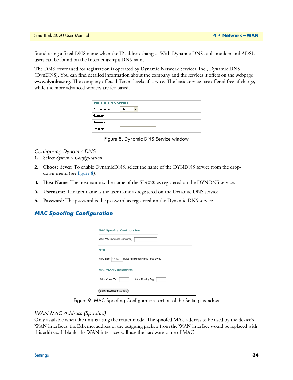 Configuring dynamic dns, Mac spoofing configuration, Wan mac address (spoofed) | Dynamic dns service window, Figure 9 | Patton electronic SL4020 User Manual | Page 34 / 97