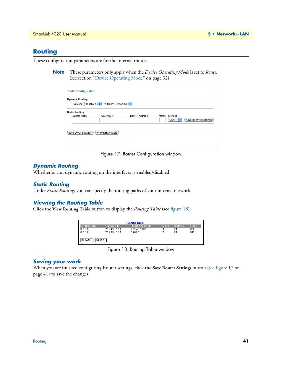 Routing, Dynamic routing, Static routing | Viewing the routing table, Saving your work, Router configuration window, Routing table window | Patton electronic SL4020 User Manual | Page 41 / 97