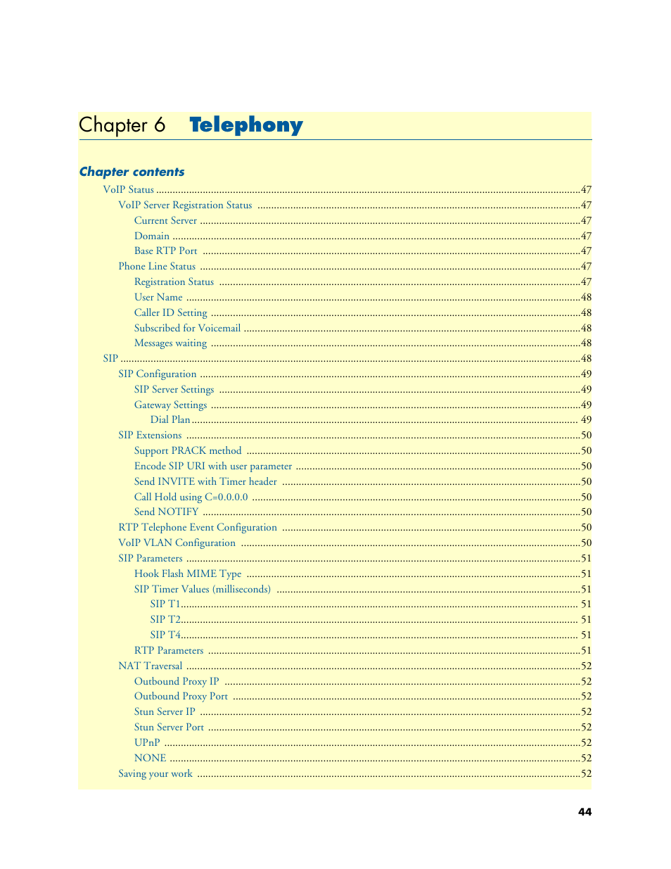 Chapter 6 telephony, Telephony, Chapter 6 | Patton electronic SL4020 User Manual | Page 44 / 97