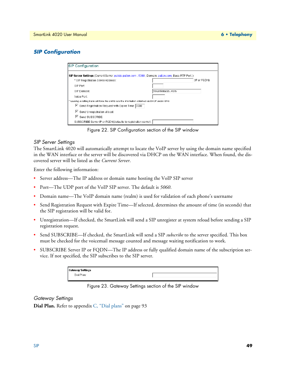Sip configuration, Sip server settings, Gateway settings | Dial plan, Sip configuration section of the sip window, Gateway settings section of the sip window, Figure 22 | Patton electronic SL4020 User Manual | Page 49 / 97