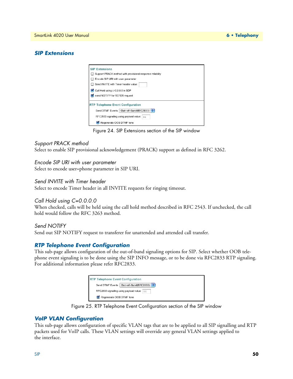 Sip extensions, Support prack method, Encode sip uri with user parameter | Send invite with timer header, Call hold using c=0.0.0.0, Send notify, Rtp telephone event configuration, Voip vlan configuration, Sip extensions section of the sip window, Ions (see | Patton electronic SL4020 User Manual | Page 50 / 97