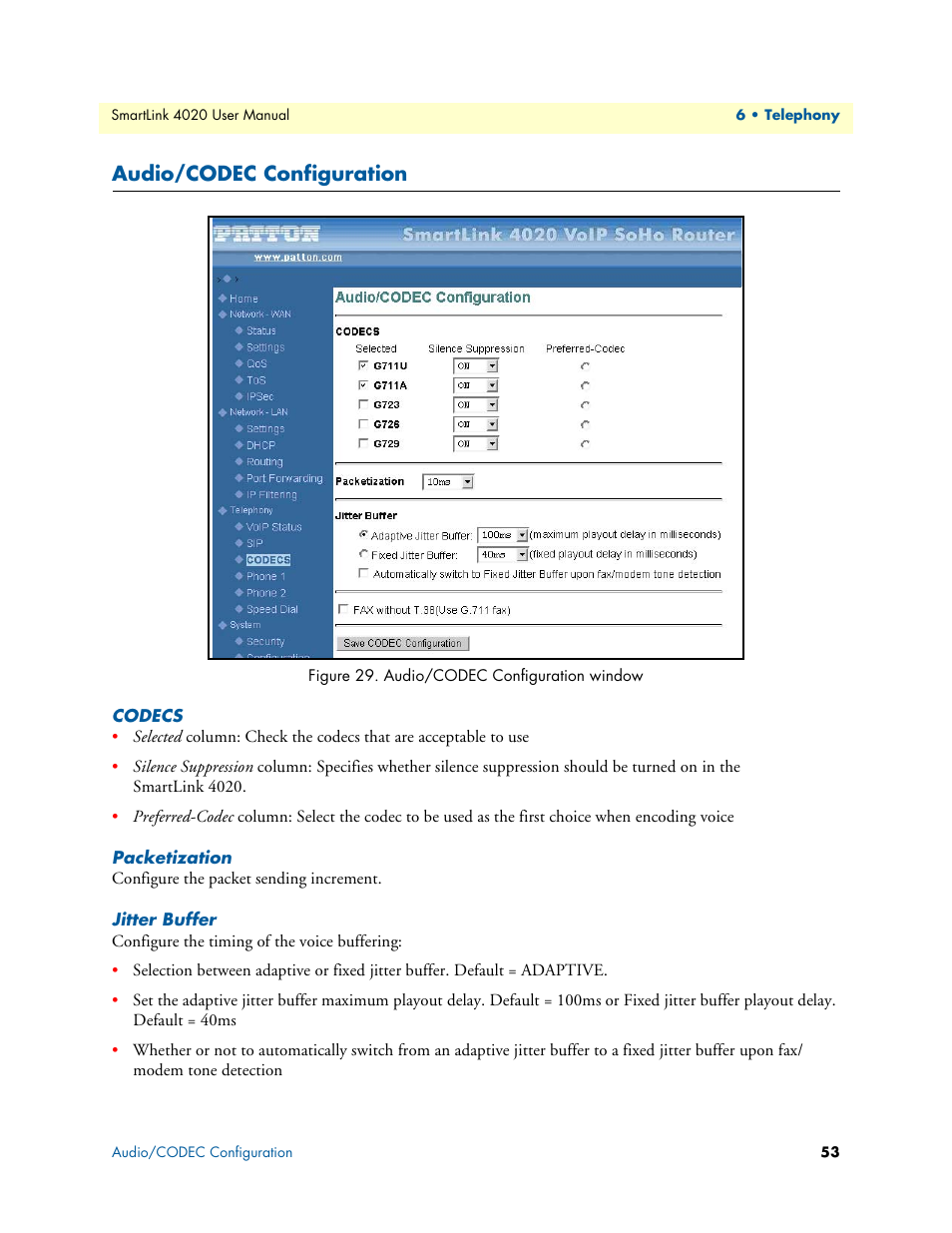 Audio/codec configuration, Codecs, Packetization | Jitter buffer, Audio/codec configuration window | Patton electronic SL4020 User Manual | Page 53 / 97