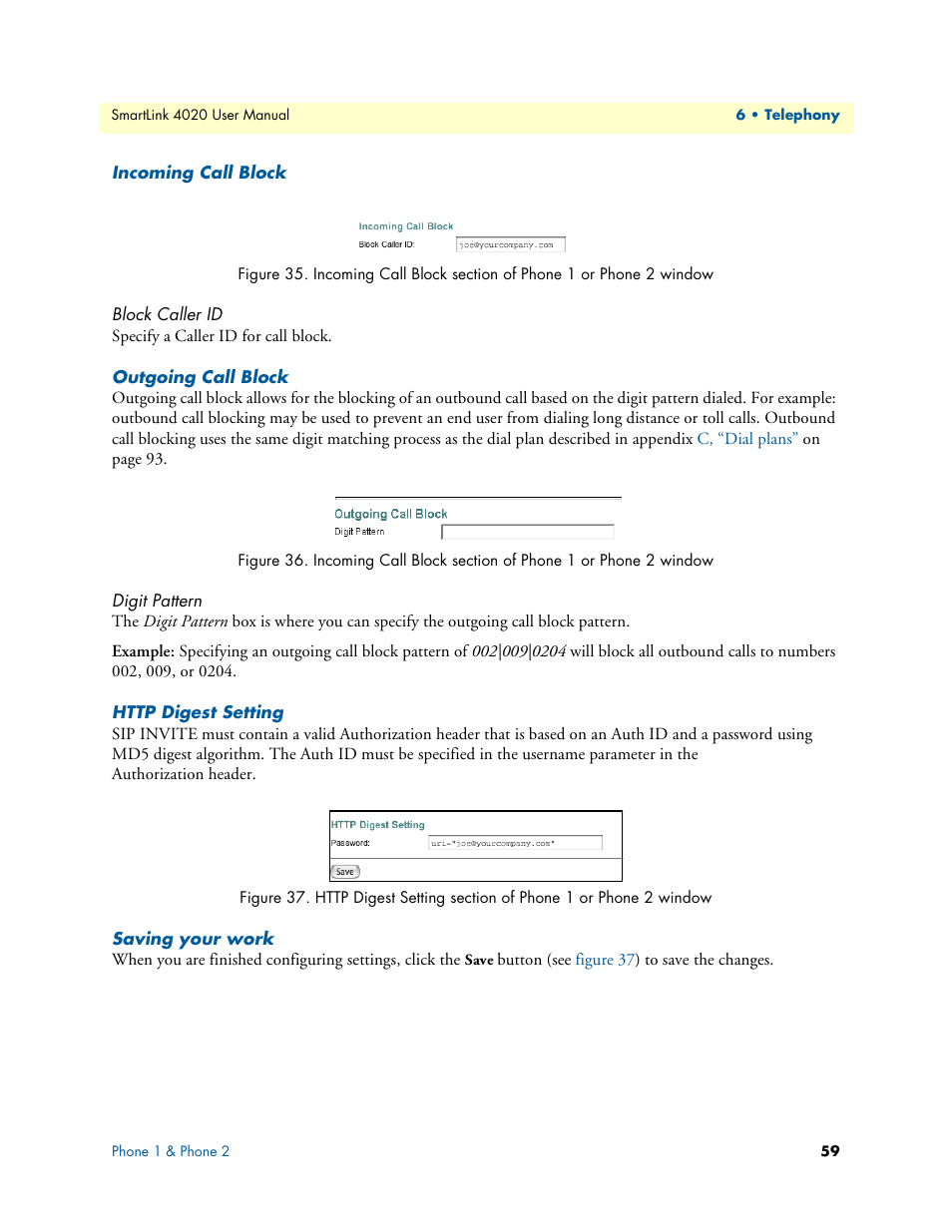 Incoming call block, Block caller id, Outgoing call block | Digit pattern, Http digest setting, Saving your work, Figure 37 | Patton electronic SL4020 User Manual | Page 59 / 97