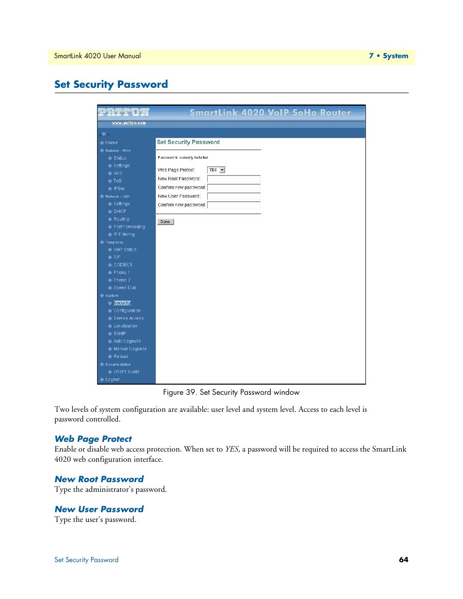 Set security password, New root password, New user password | Set security password window | Patton electronic SL4020 User Manual | Page 64 / 97