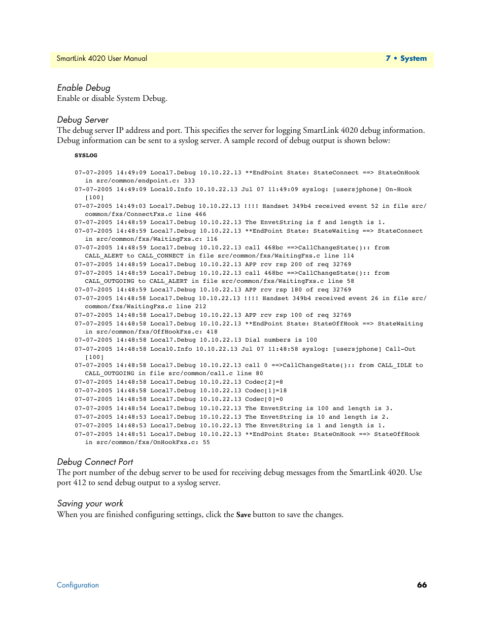Enable debug, Debug server, Debug connect port | Saving your work, Button to save the changes | Patton electronic SL4020 User Manual | Page 66 / 97