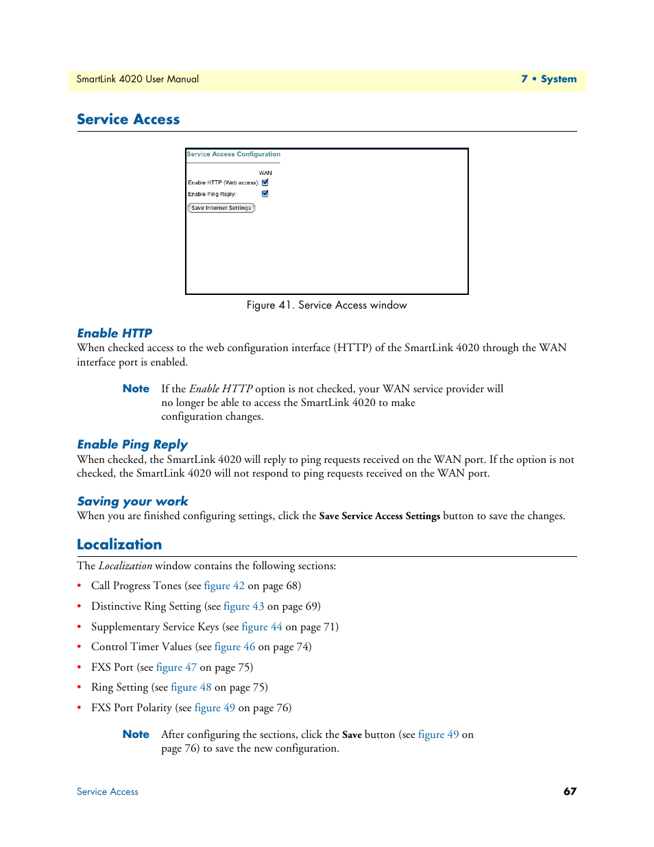 Service access, Enable http, Enable ping reply | Saving your work, Localization, Service access window | Patton electronic SL4020 User Manual | Page 67 / 97