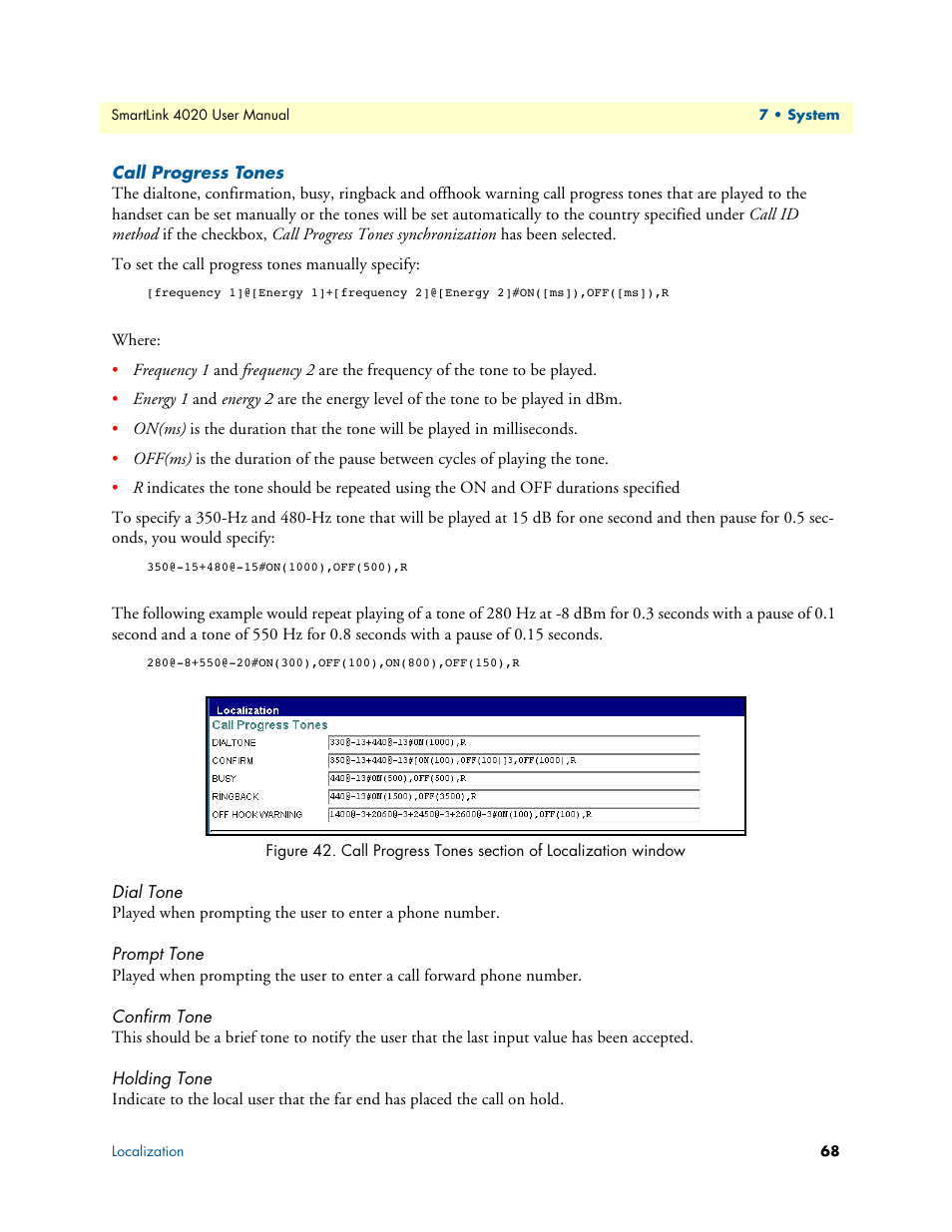 Call progress tones, Dial tone, Prompt tone | Confirm tone, Holding tone, Call progress tones section of localization window, Figure 42 | Patton electronic SL4020 User Manual | Page 68 / 97