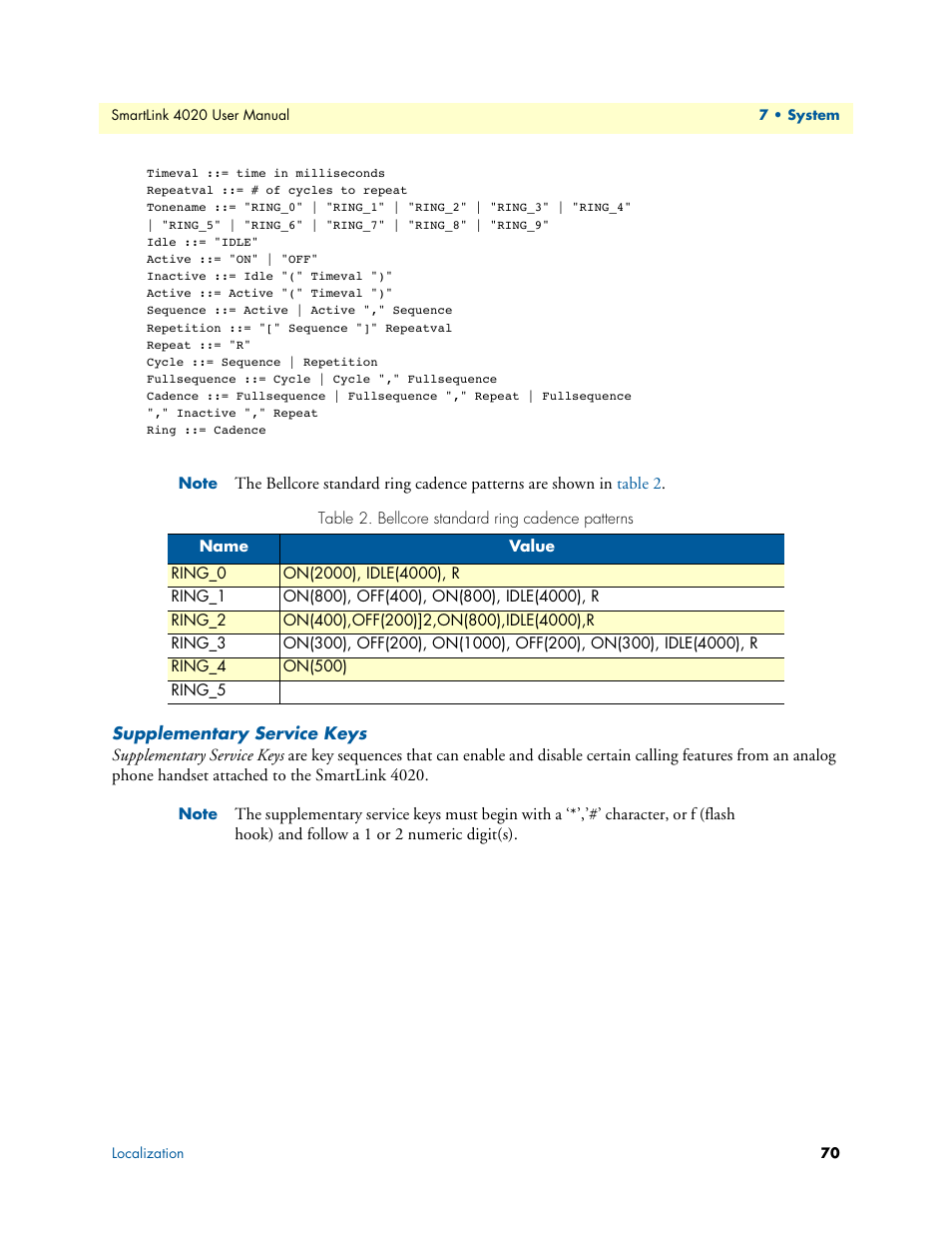 Supplementary service keys, Bellcore standard ring cadence patterns | Patton electronic SL4020 User Manual | Page 70 / 97