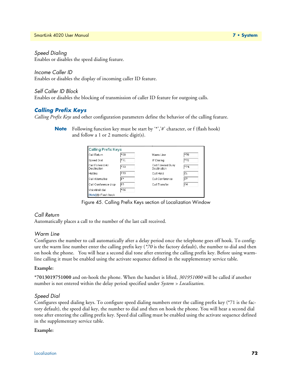 Speed dialing, Income caller id, Self caller id block | Calling prefix keys, Call return, Warm line, Speed dial, Calling prefix keys section of localization window | Patton electronic SL4020 User Manual | Page 72 / 97