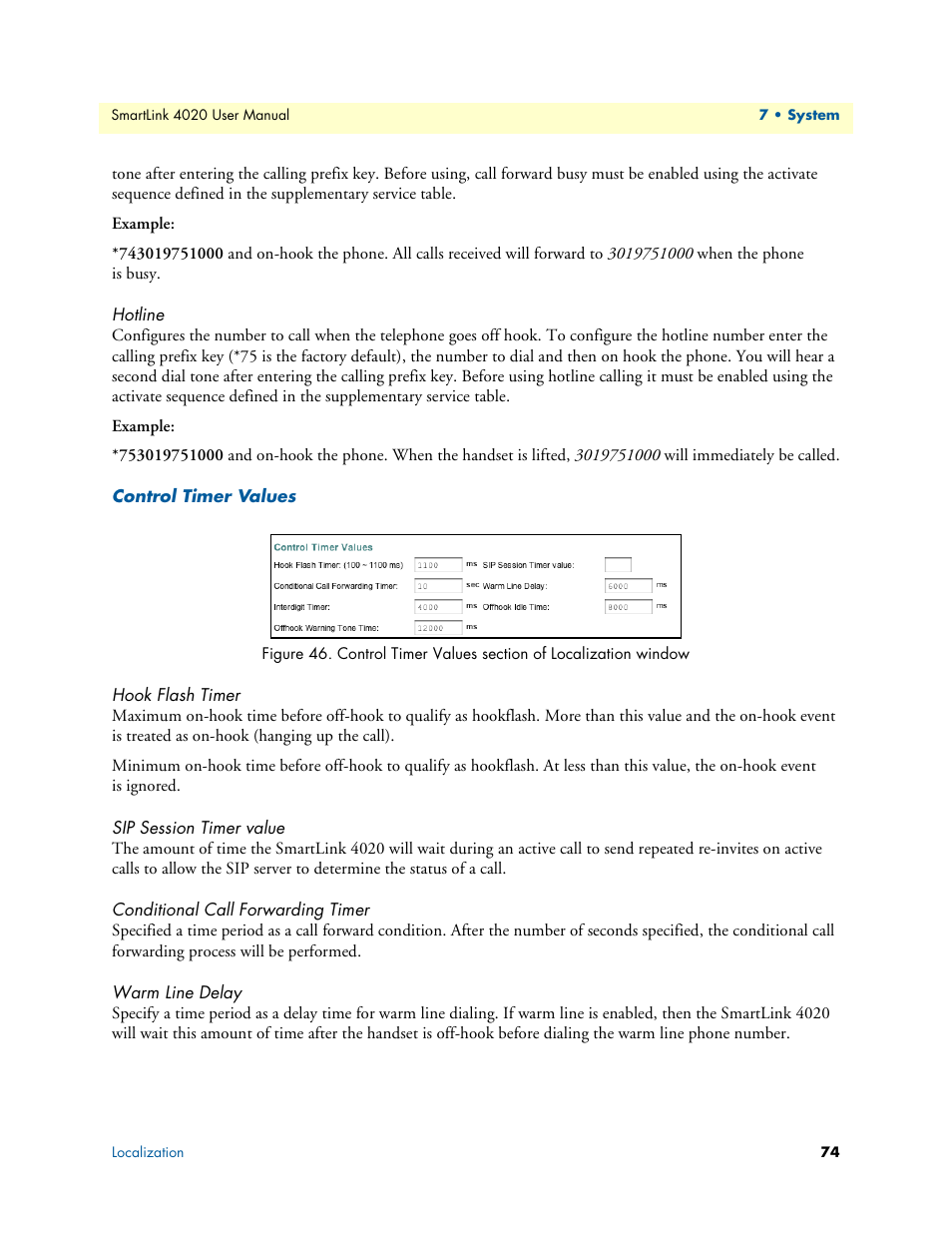 Hotline, Control timer values, Hook flash timer | Sip session timer value, Conditional call forwarding timer, Warm line delay, Figure 46 | Patton electronic SL4020 User Manual | Page 74 / 97