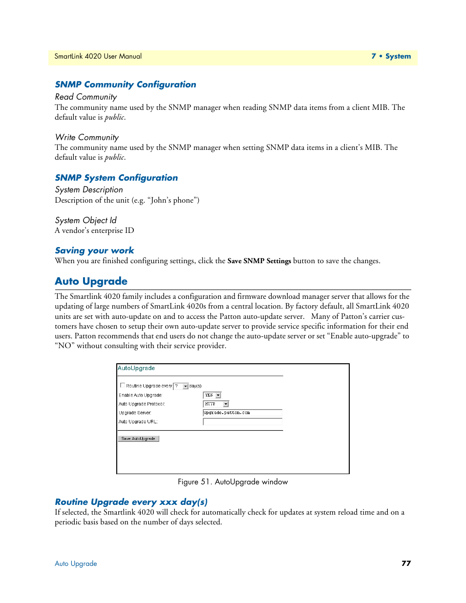 Snmp community configuration, Read community, Write community | Snmp system configuration, System description, System object id, Saving your work, Auto upgrade, Routine upgrade every xxx day(s), Autoupgrade window | Patton electronic SL4020 User Manual | Page 77 / 97