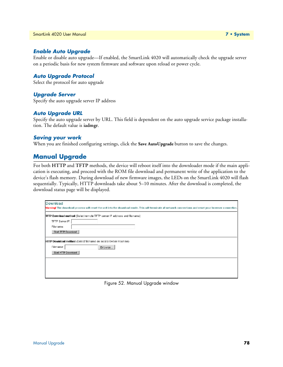 Enable auto upgrade, Auto upgrade protocol, Upgrade server | Auto upgrade url, Saving your work, Manual upgrade, Manual upgrade window | Patton electronic SL4020 User Manual | Page 78 / 97