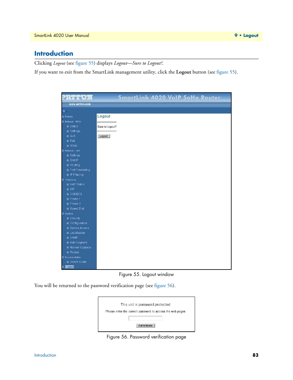 Introduction, Logout window | Patton electronic SL4020 User Manual | Page 83 / 97