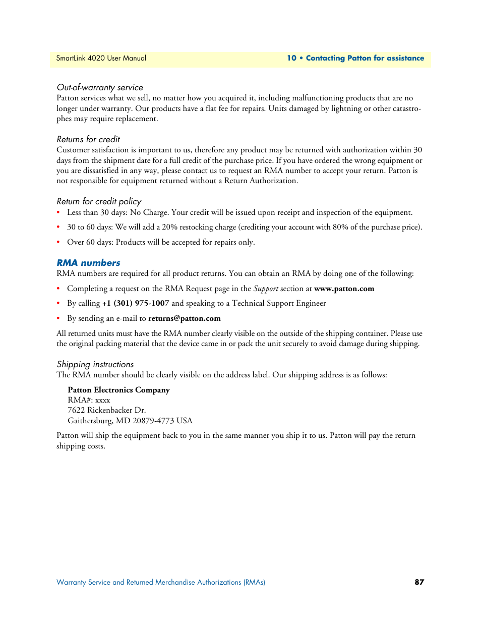 Out-of-warranty service, Returns for credit, Return for credit policy | Rma numbers, Shipping instructions | Patton electronic SL4020 User Manual | Page 87 / 97