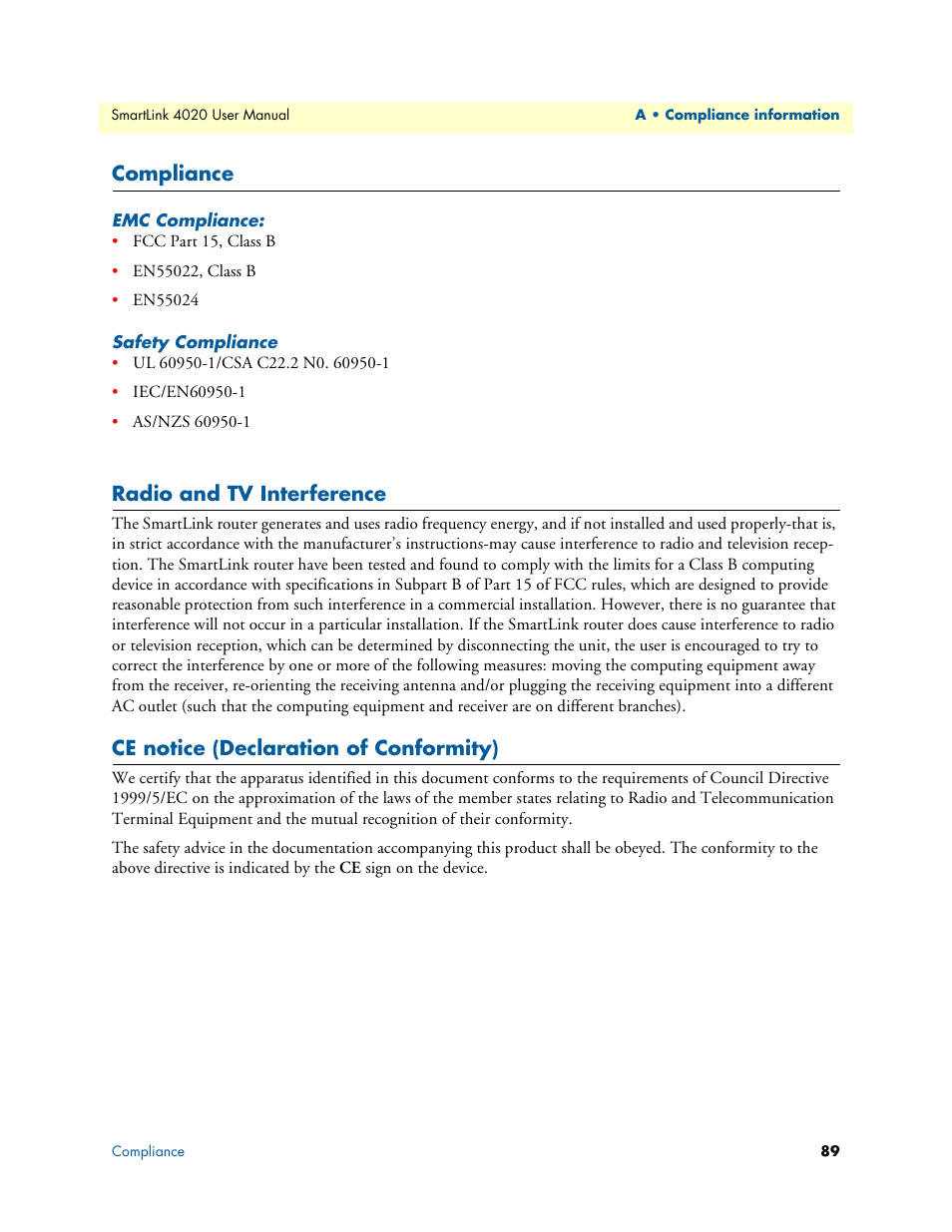 Compliance, Emc compliance, Safety compliance | Radio and tv interference, Ce notice (declaration of conformity) | Patton electronic SL4020 User Manual | Page 89 / 97