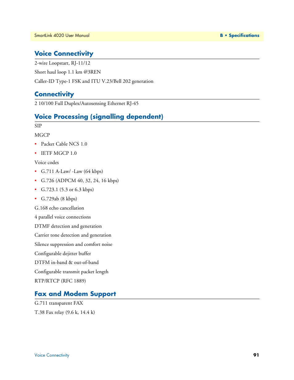 Voice connectivity, Connectivity, Voice processing (signalling dependent) | Fax and modem support | Patton electronic SL4020 User Manual | Page 91 / 97