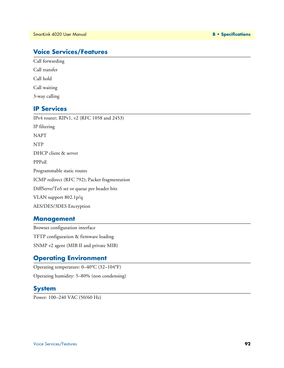 Voice services/features, Ip services, Management | Operating environment, System | Patton electronic SL4020 User Manual | Page 92 / 97