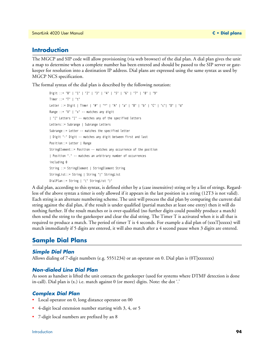 Introduction, Sample dial plans, Simple dial plan | Non-dialed line dial plan, Complex dial plan | Patton electronic SL4020 User Manual | Page 94 / 97