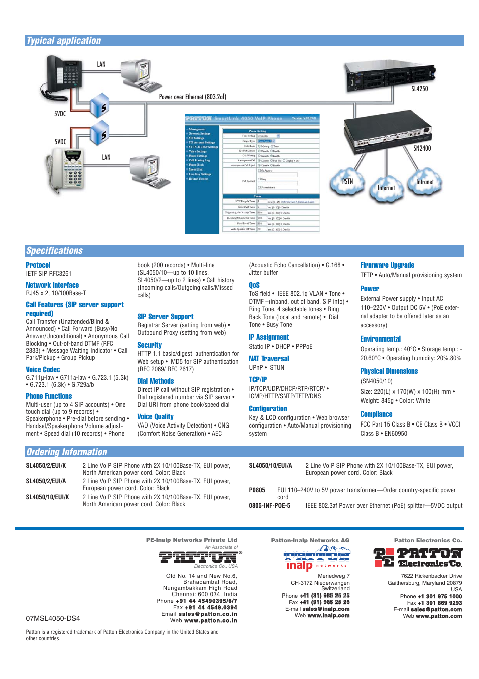 Protocol, Network interface, Call features (sip server support required) | Voice codec, Phone functions, Sip server support, Security, Dial methods, Voice quality, Ip assignment | Patton electronic 4050 User Manual | Page 2 / 2