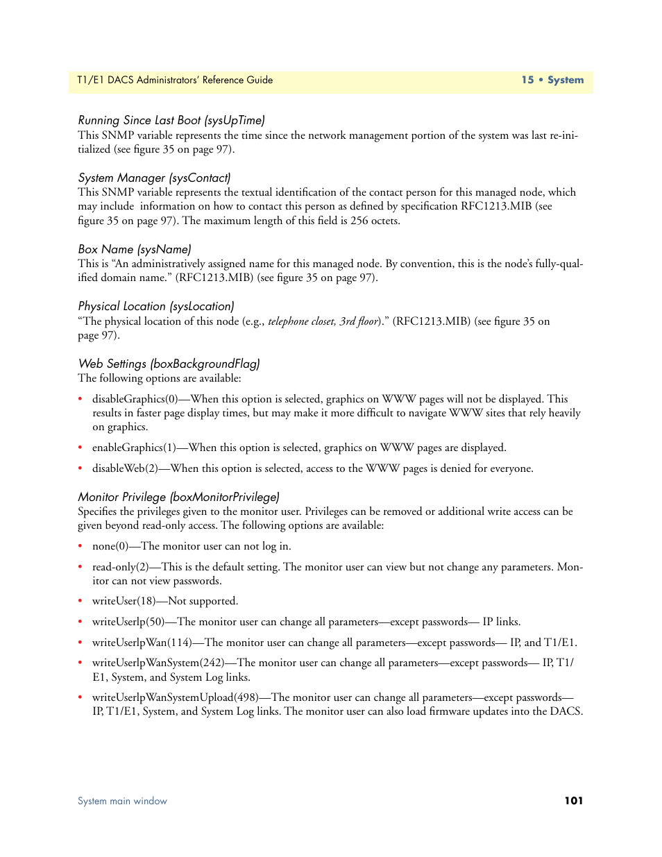Running since last boot (sysuptime), System manager (syscontact), Box name (sysname) | Physical location (syslocation), Web settings (boxbackgroundflag), Monitor privilege (boxmonitorprivilege) | Patton electronic Model 2604 User Manual | Page 103 / 148