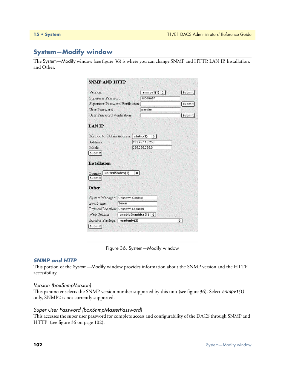 System—modify window, Snmp and http, Version (boxsnmpversion) | Super user password (boxsnmpmasterpassword), Ther (see “system | Patton electronic Model 2604 User Manual | Page 104 / 148