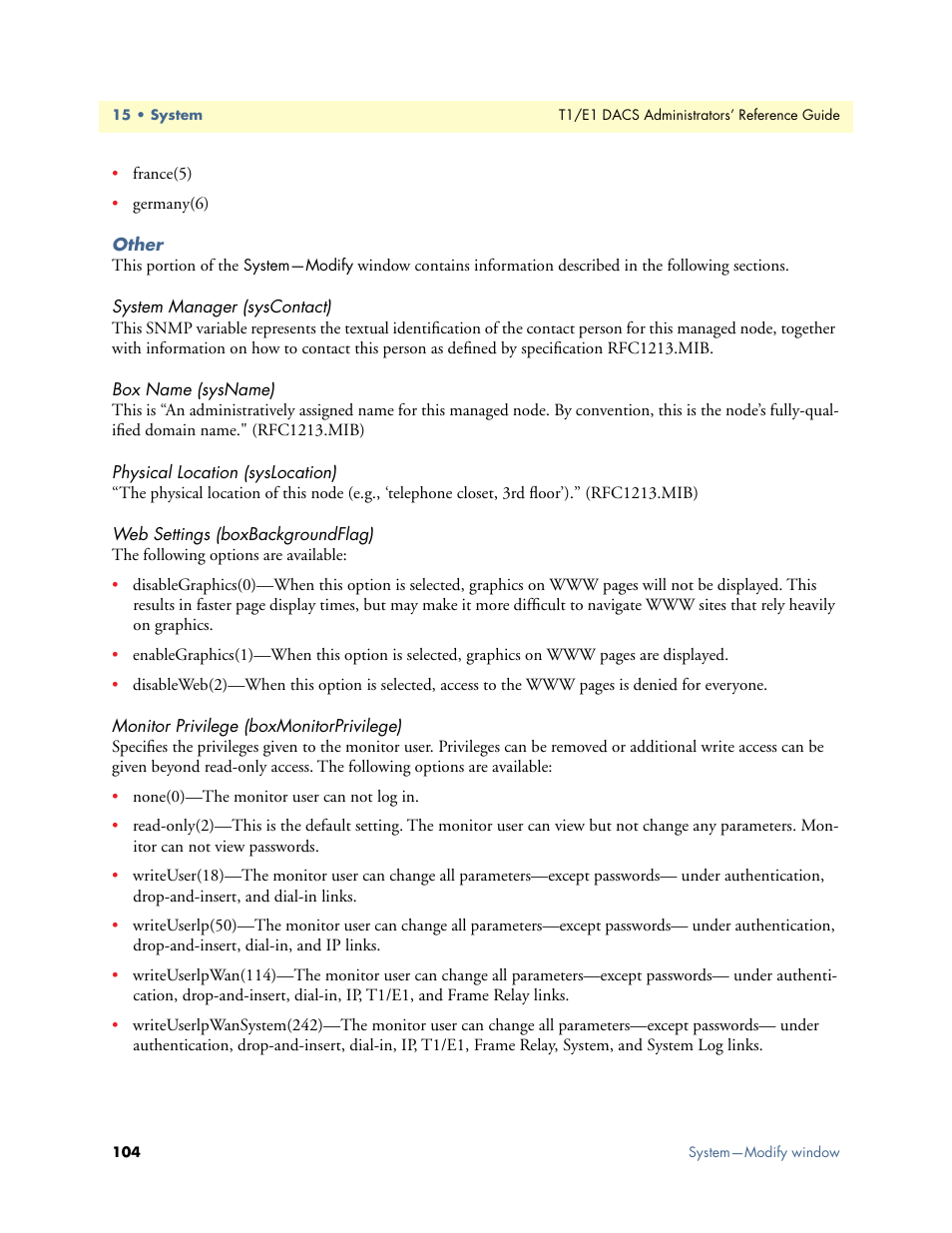 Other, System manager (syscontact), Box name (sysname) | Physical location (syslocation), Web settings (boxbackgroundflag), Monitor privilege (boxmonitorprivilege) | Patton electronic Model 2604 User Manual | Page 106 / 148