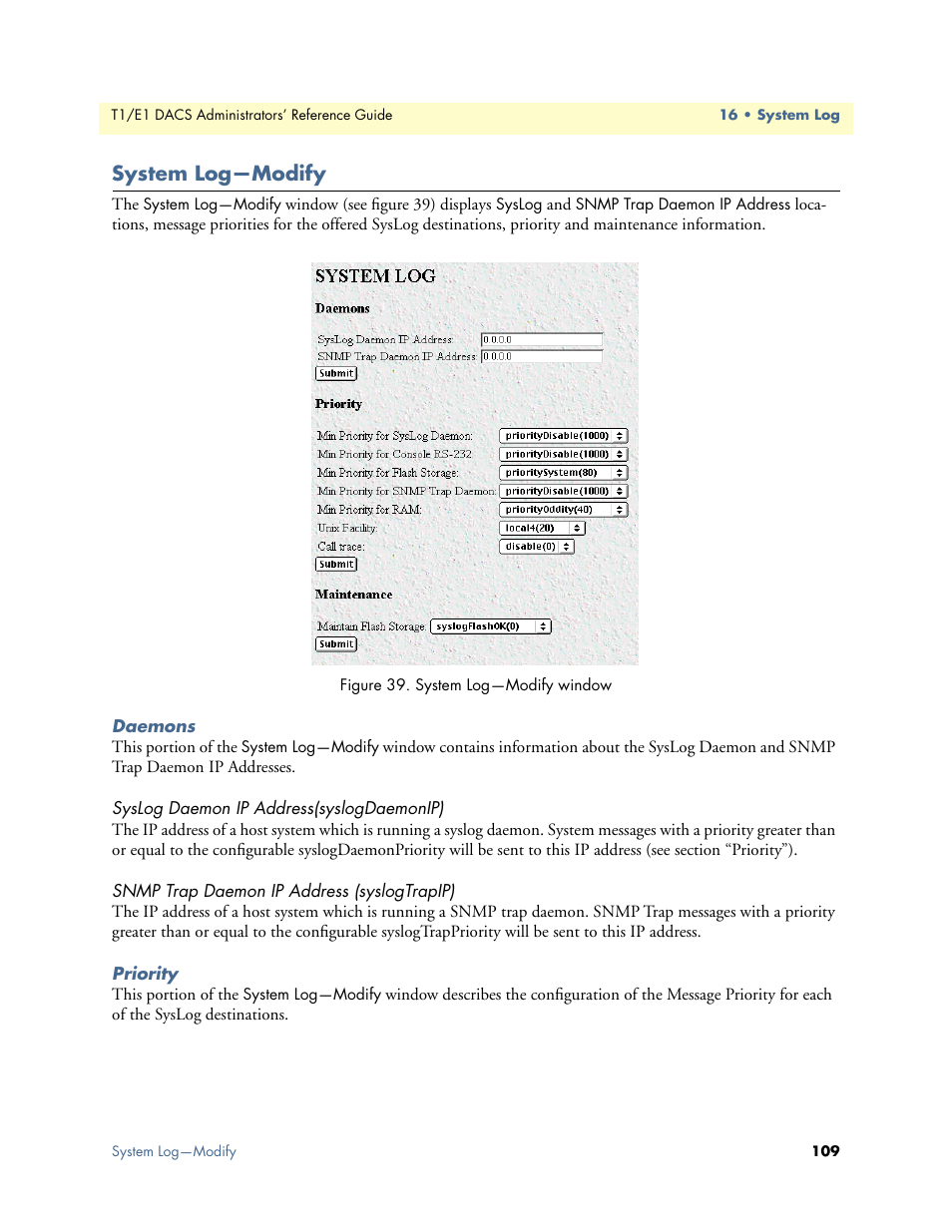 System log—modify, Daemons, Syslog daemon ip address(syslogdaemonip) | Snmp trap daemon ip address (syslogtrapip), Priority | Patton electronic Model 2604 User Manual | Page 111 / 148