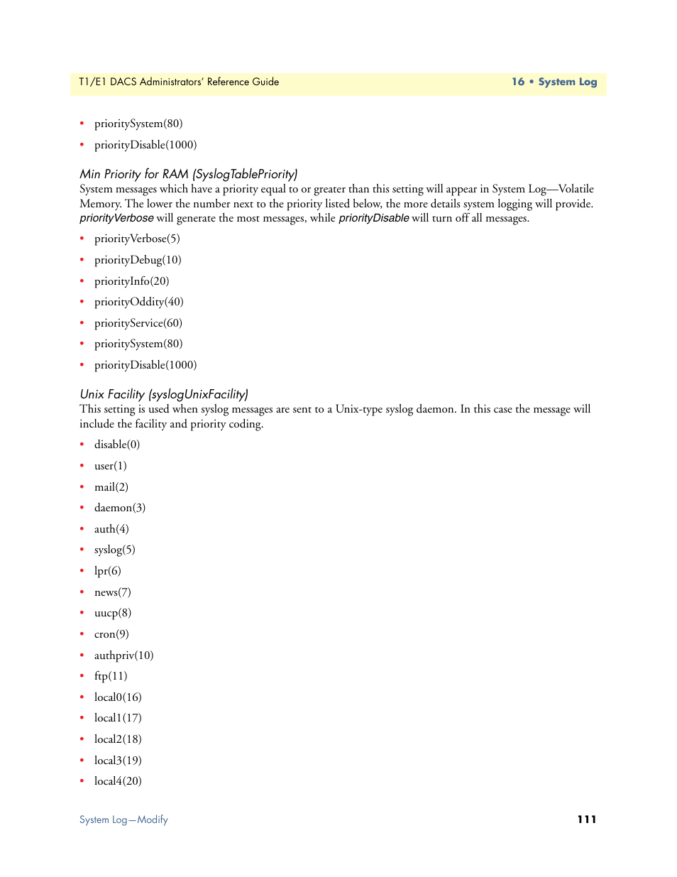 Min priority for ram (syslogtablepriority), Unix facility (syslogunixfacility) | Patton electronic Model 2604 User Manual | Page 113 / 148